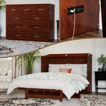 AFI Northfield Full Solid Wood Murphy Bed Chest with Mattress, Drawer & Charger, Walnut