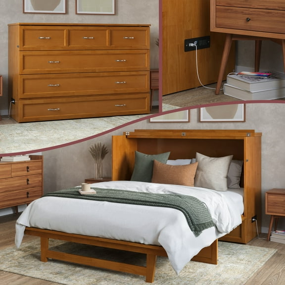 AFI Northfield Queen Murphy Bed Chest with Mattress and Built-in Charger, Light Toffee