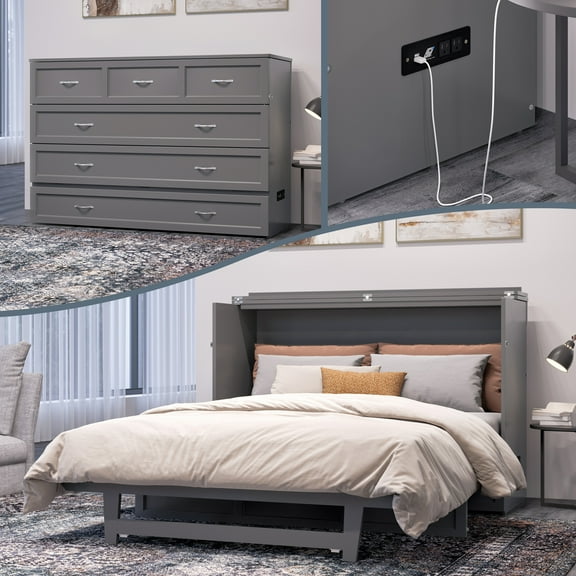 AFI Northfield Queen Wood Murphy Bed Chest with 6" Mattress, Drawer & Charger, Grey