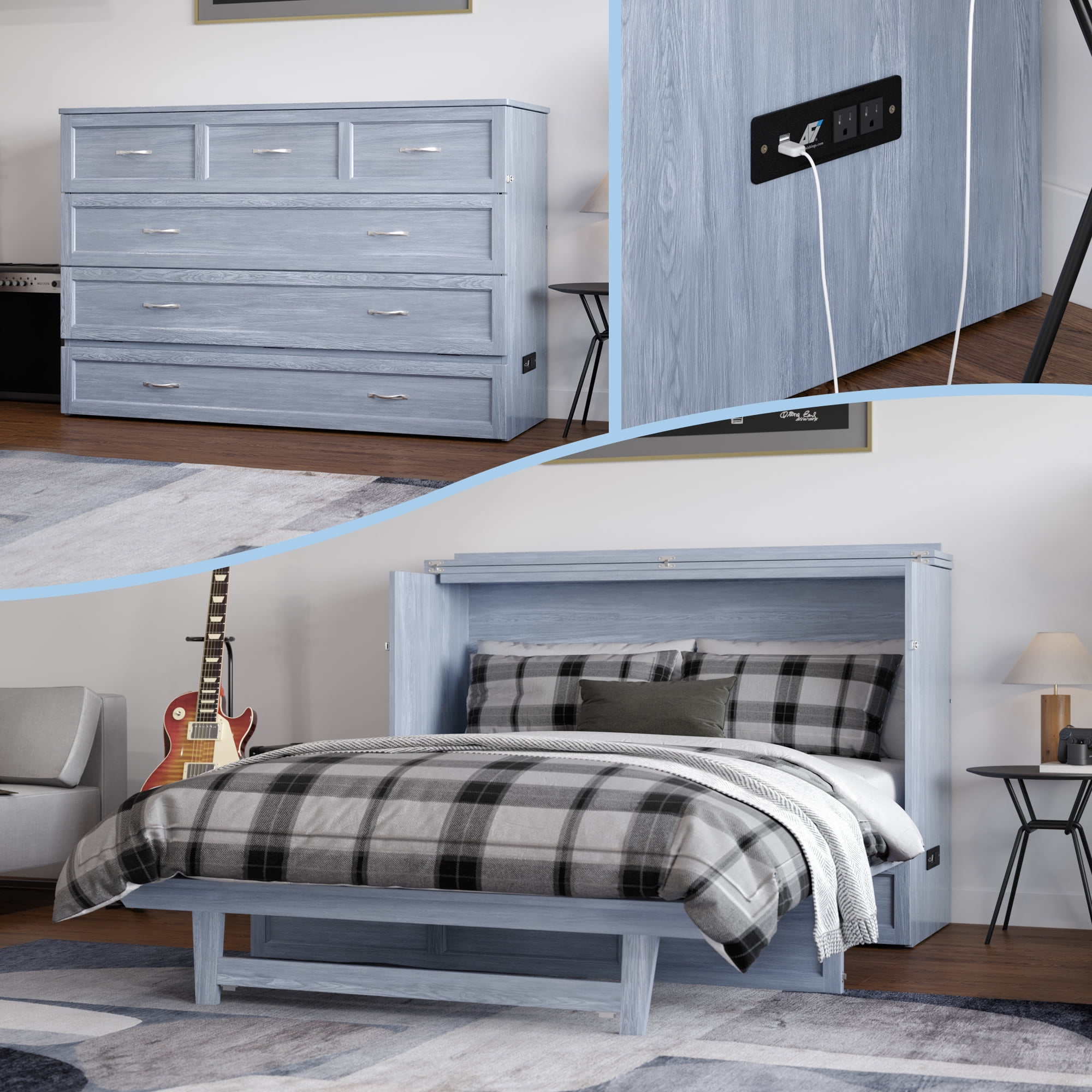 AFI Northfield Queen Wood Murphy Bed Chest with Mattress, Drawer & Charger, Driftwood