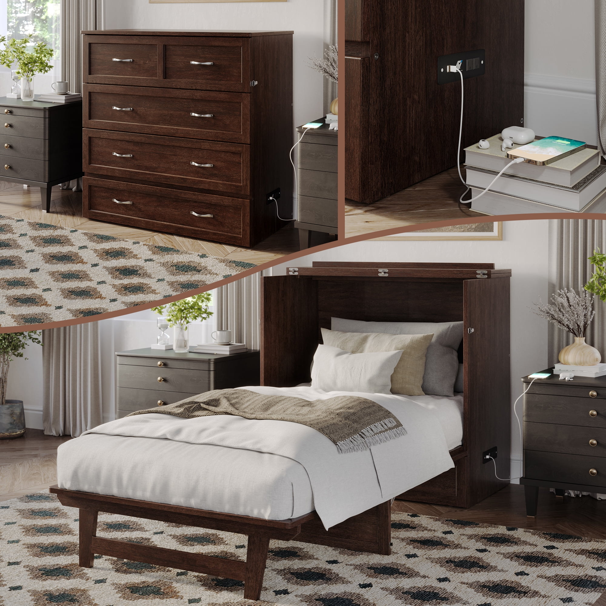 AFI Northfield Twin XL Wood Murphy Bed Chest with Mattress, Drawer & Charger, Burnt Amber
