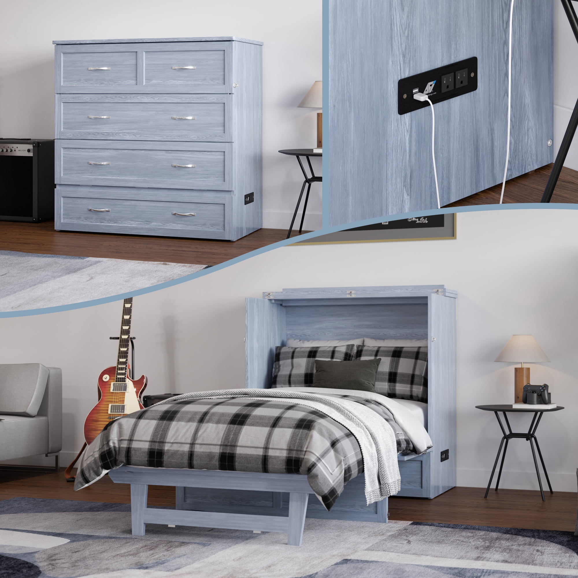 AFI Northfield Twin-XL Wood Murphy Bed Chest with Mattress, Drawer & Charger, Driftwood