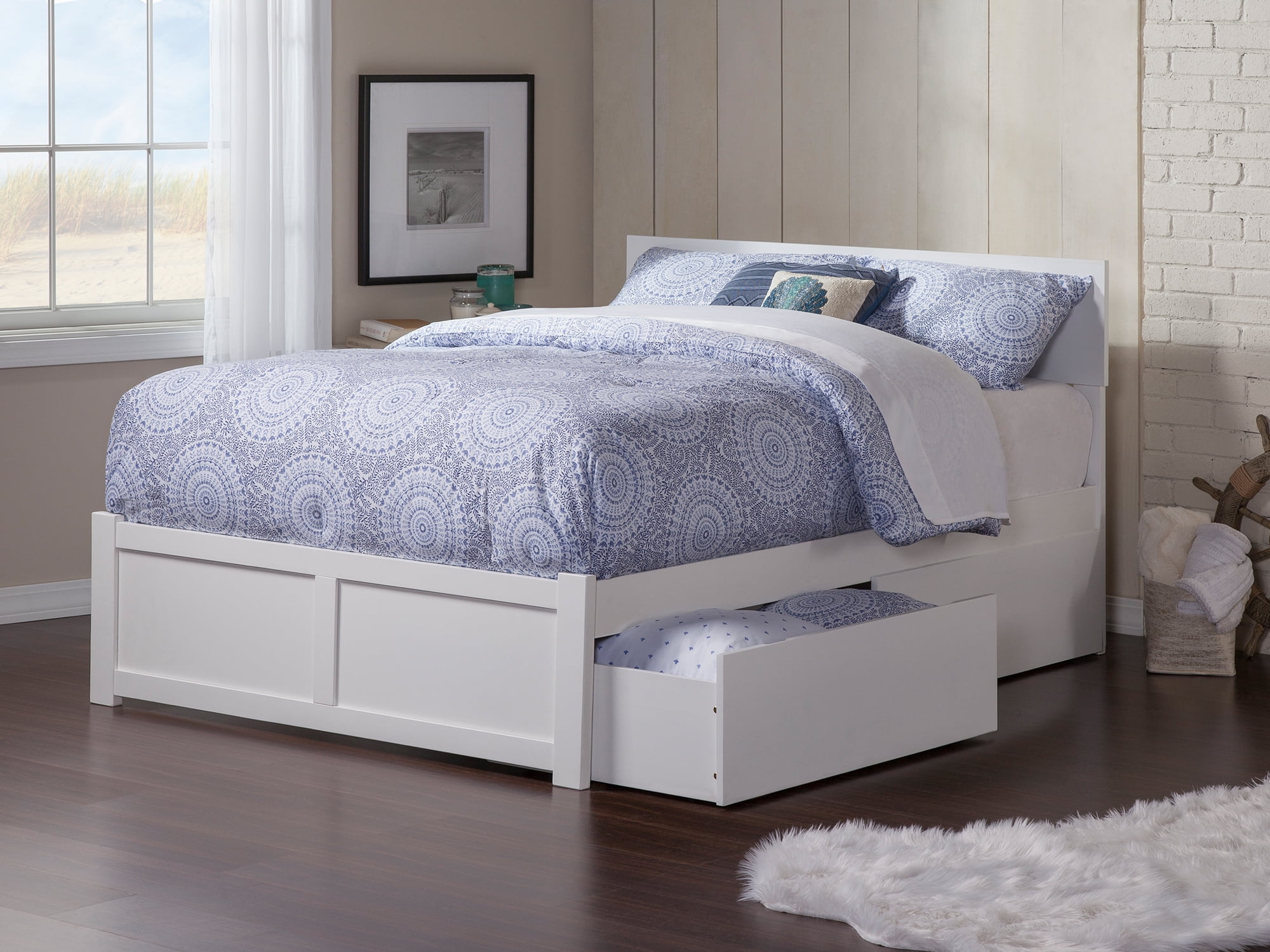 AFI Orlando King Wood Platform Bed with Headboard Footboard & 2 Storage Drawers, White