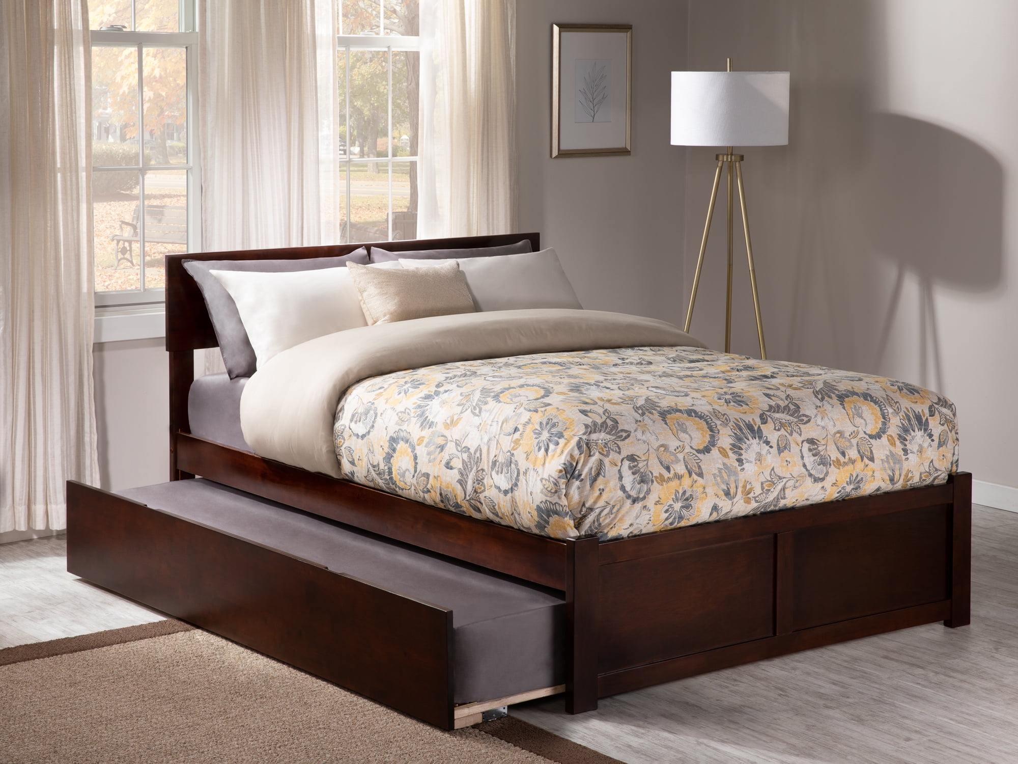 AFI Orlando Queen Wood Platform Bed with Headboard Footboard & Twin XL Trundle, Walnut