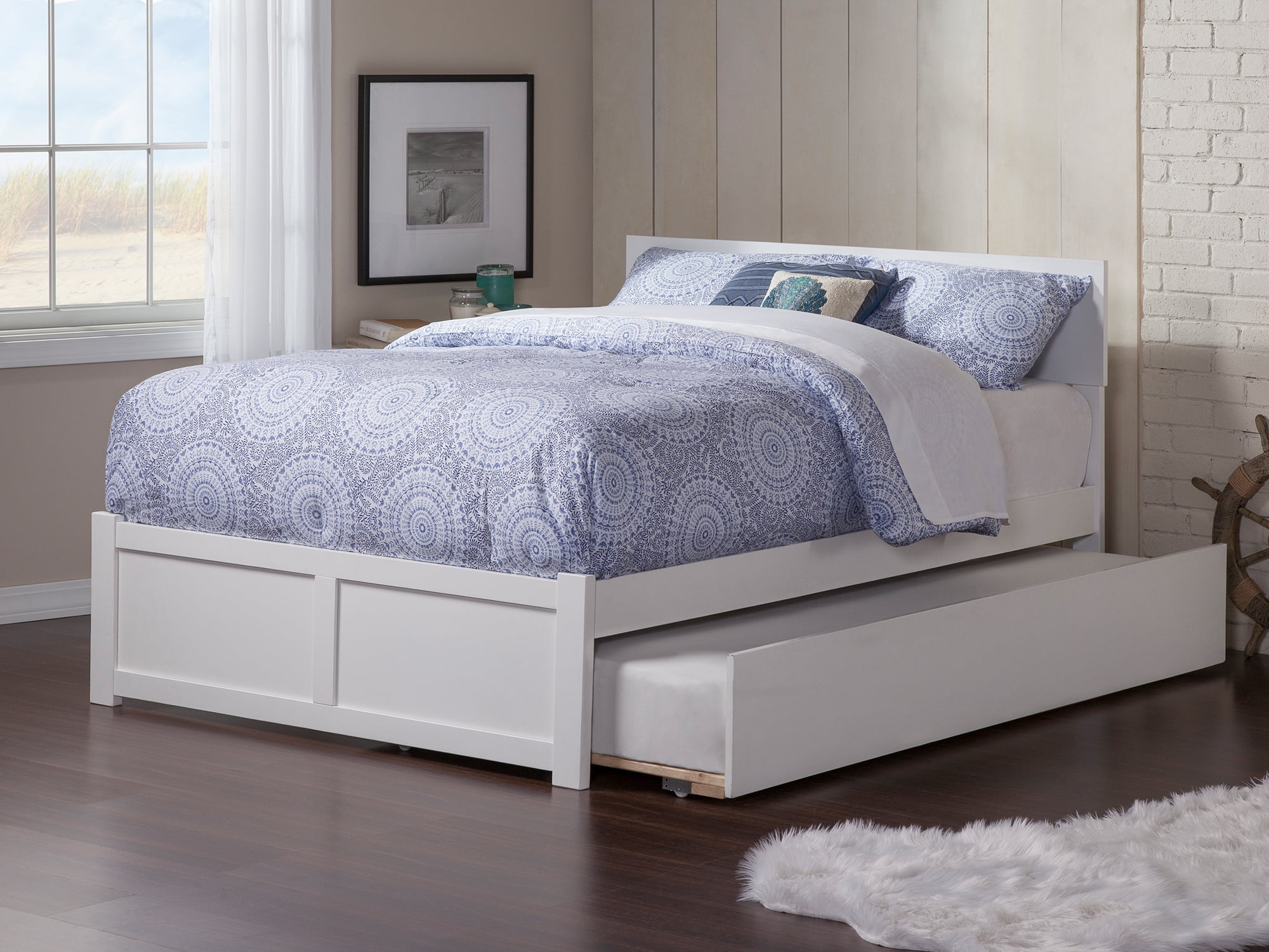 AFI Orlando Queen Wood Platform Bed with Headboard Footboard & Twin XL Trundle, White