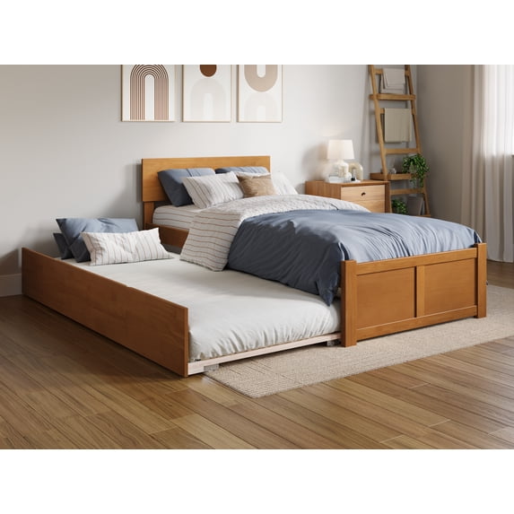 AFI Orlando Twin XL Wood Platform Bed with Footboard and Twin XL Trundle, Light Toffee