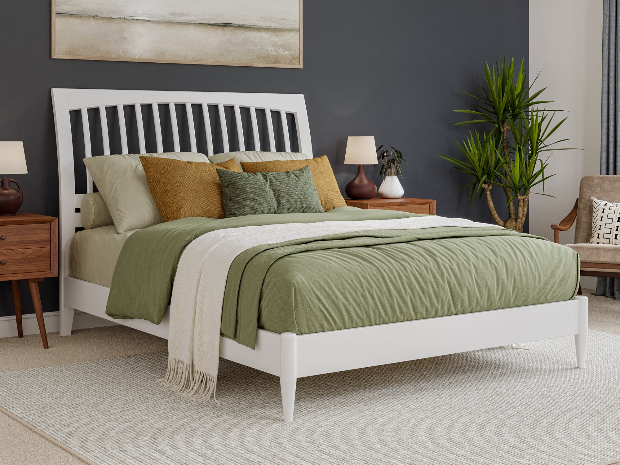 Orleans White Solid Wood Queen Sleigh Platform Bed with Slatted Headboard