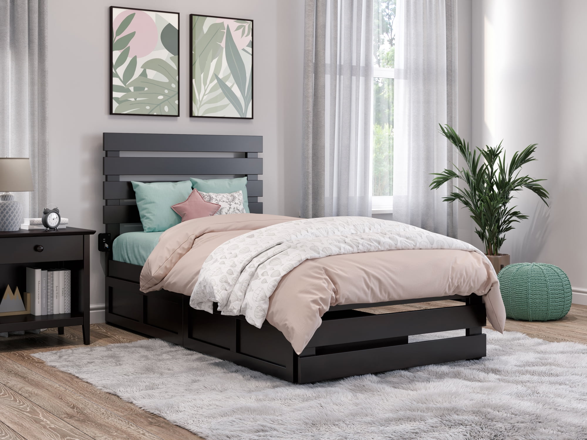 AFI Oxford Twin Wood Platform Bed with Headboard Footboard & 2 Storage Drawers, Espresso