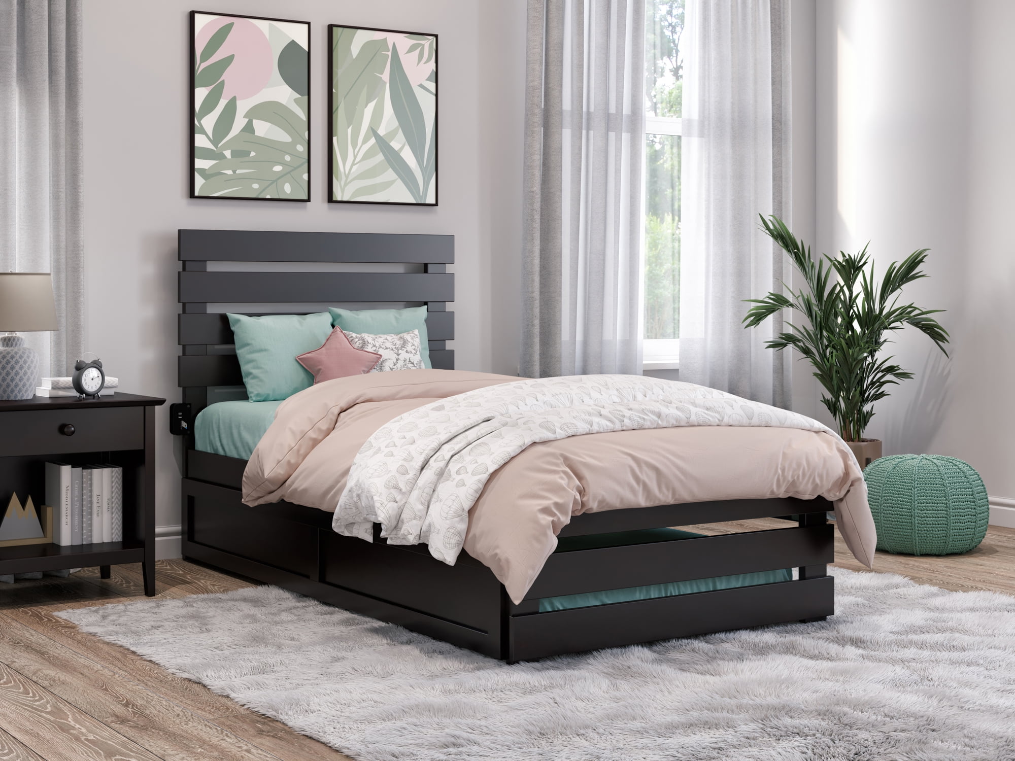 AFI Oxford Twin Wood Platform Bed with Headboard, Footboard & Twin Trundle, Espresso