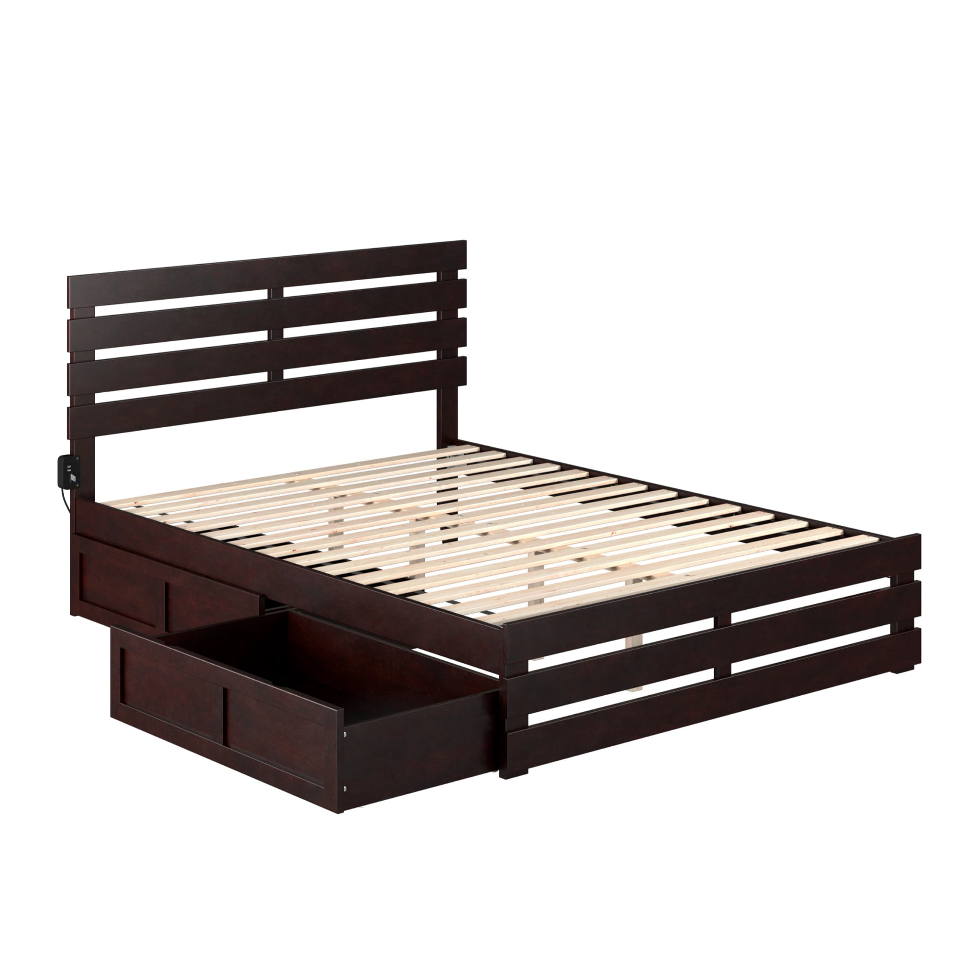 Espresso Queen Wood Frame Bed with Storage Drawers and Slats