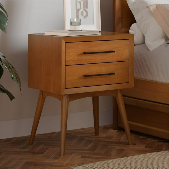 AFI Pasadena Solid Wood Mid-Century Modern Nightstand with 2 Drawers, Light Toffee