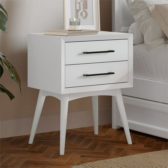 AFI Pasadena Solid Wood Mid-Century Modern Nightstand with 2 Drawers, White