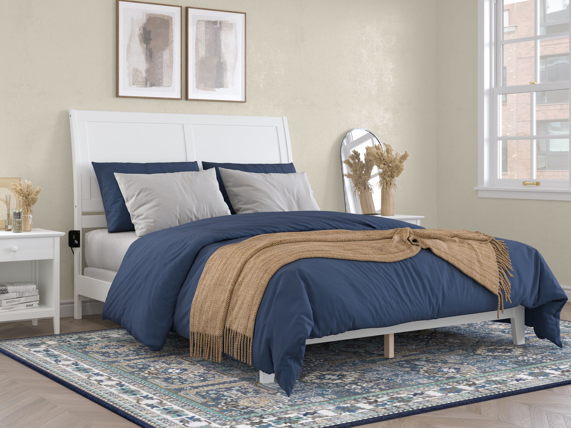 AFI Portland Queen Low Profile Wood Platform Bed Frame with Sleigh Headboard, White
