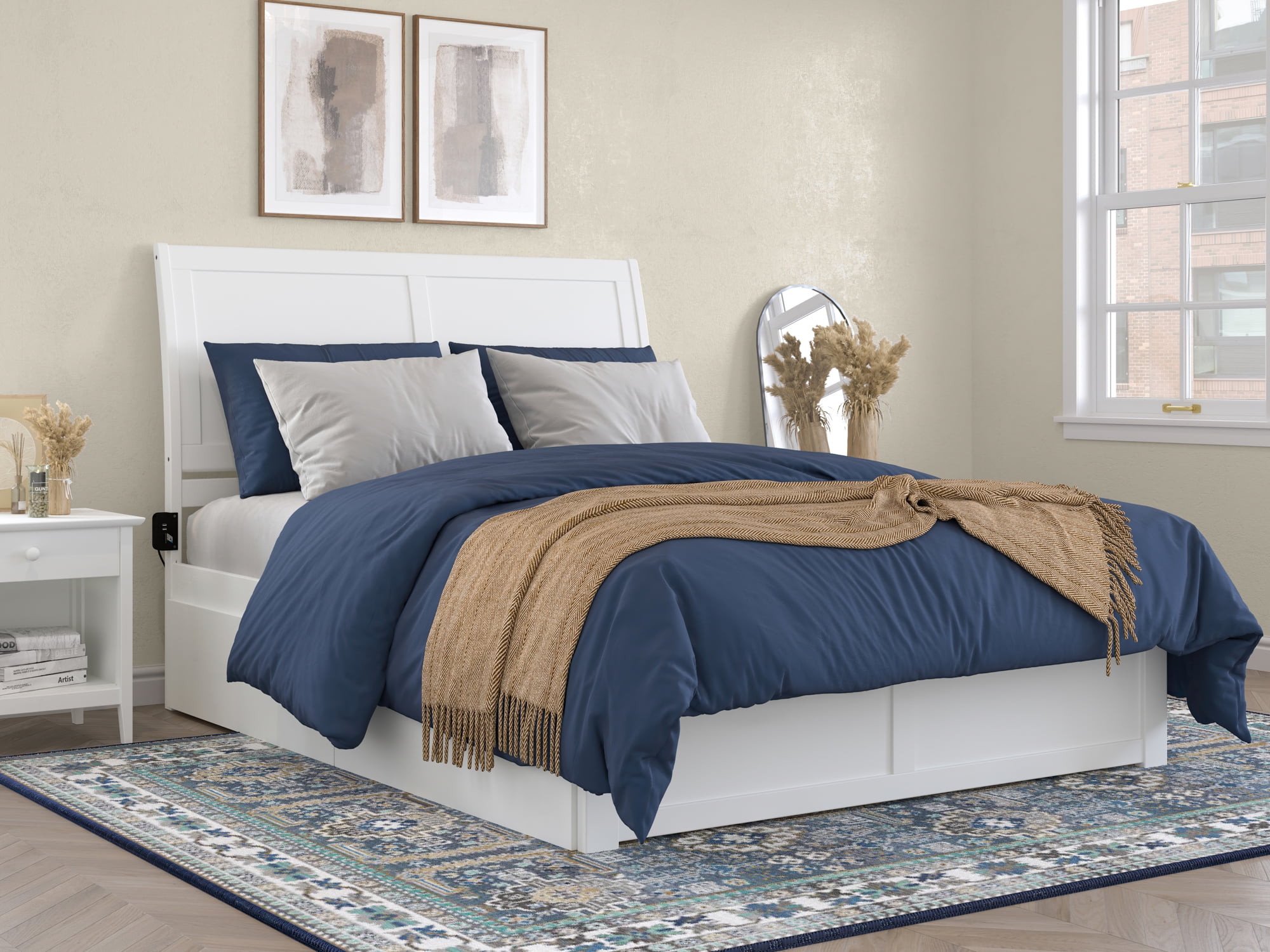 AFI Portland Queen Sleigh Wood Platform Bed with Footboard & 2 Storage Drawers, White