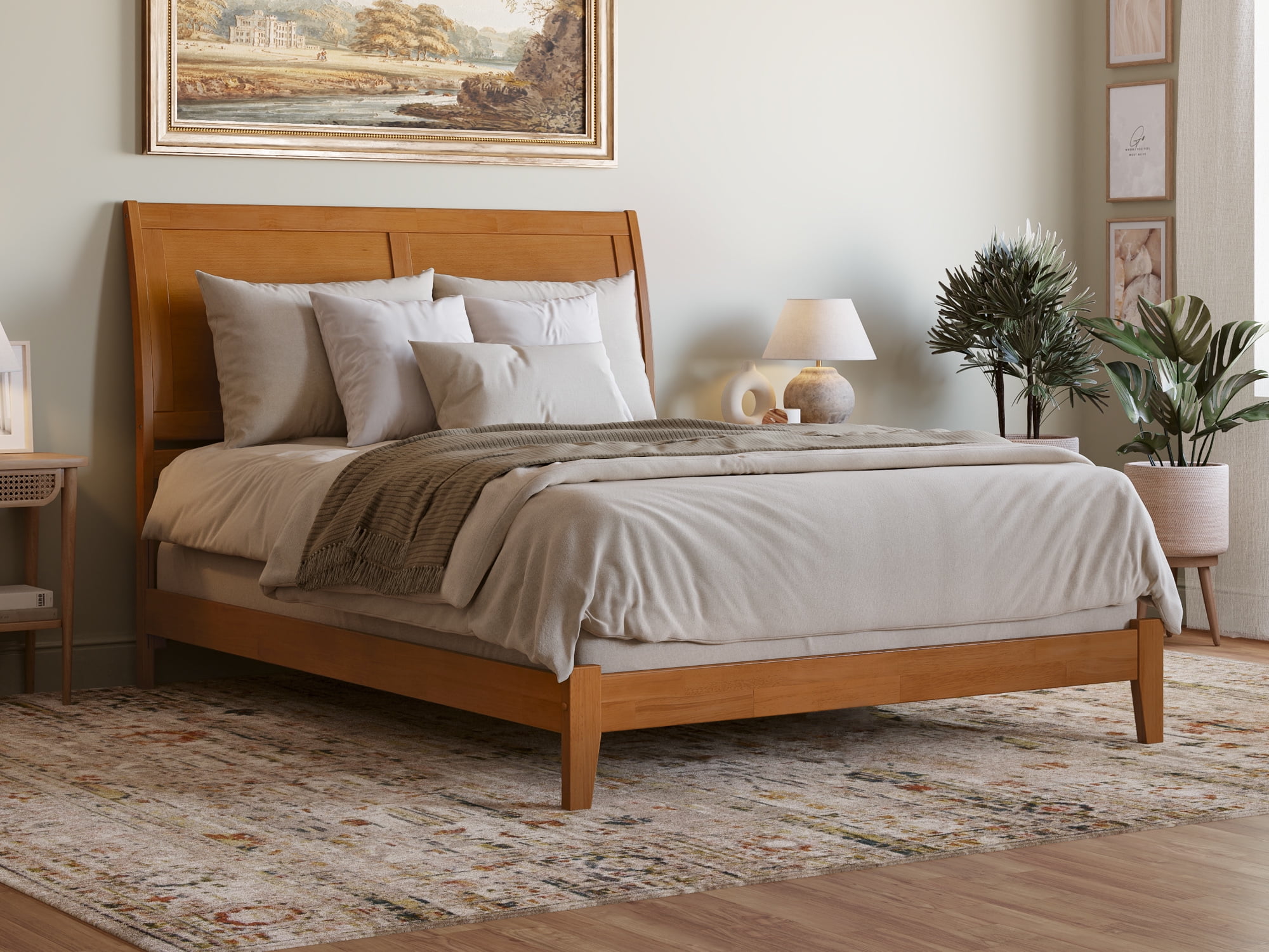 Portland Light Toffee Queen Wood Foundation Bed with Sleigh Headboard