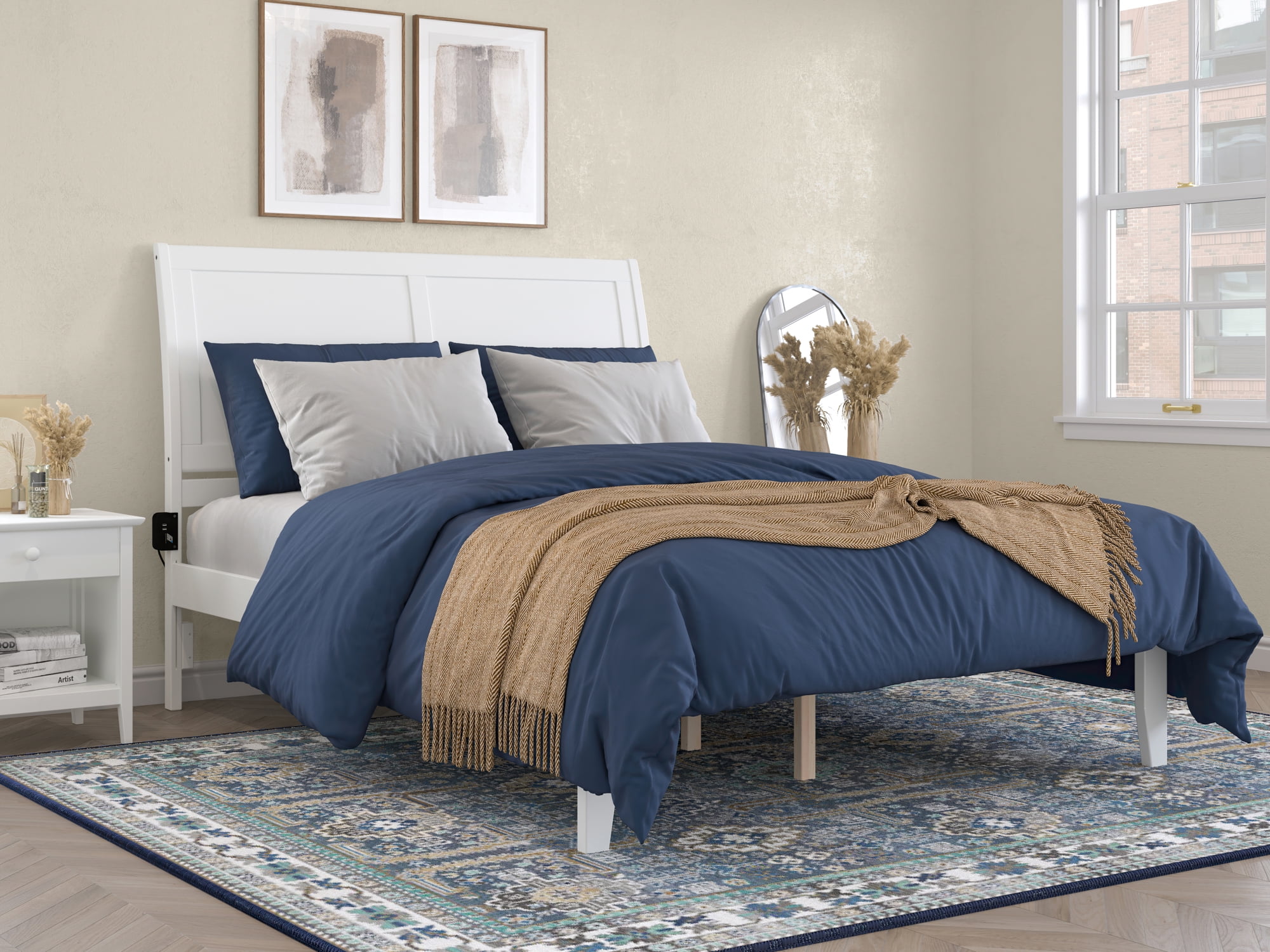 AFI Portland Queen Wood Platform Bed Frame with Sleigh Headboard, White ...
