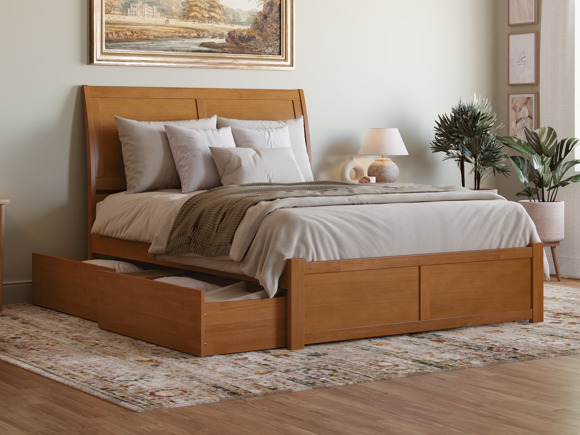Light Toffee Queen Wood Platform Bed with Storage Drawers