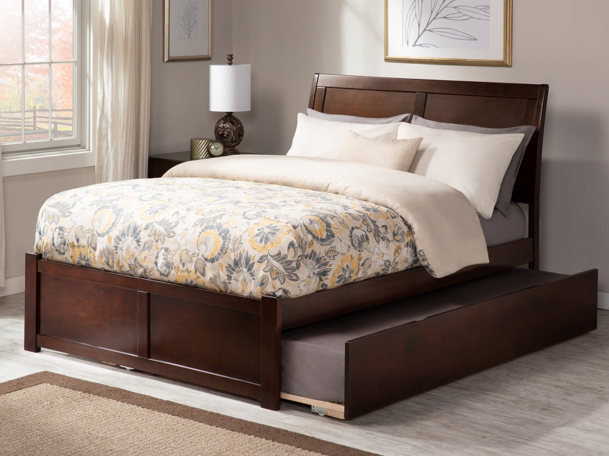 AFI Portland Queen Wood Platform Bed with Headboard Footboard & Twin-XL Trundle, Walnut