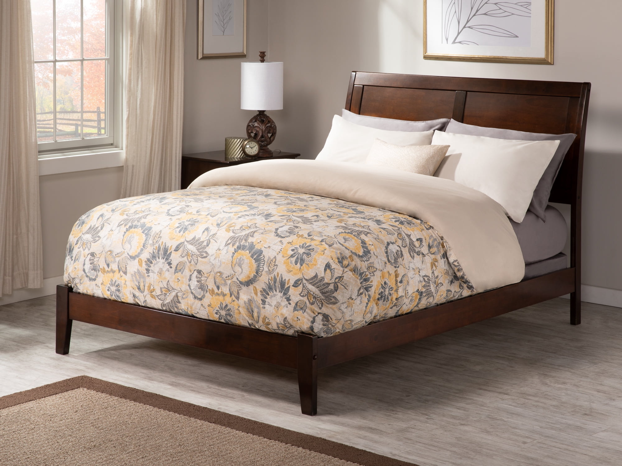 AFI Portland Queen Wood Foundation Bed Frame with Sleigh Headboard, Walnut