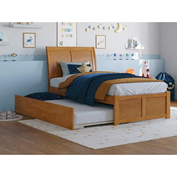 AFI Portland Twin Wood Platform Bed with Footboard and Twin Trundle, Light Toffee