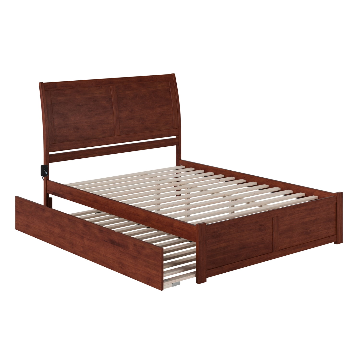 Walnut King Platform Bed with Trundle and Sleigh Headboard