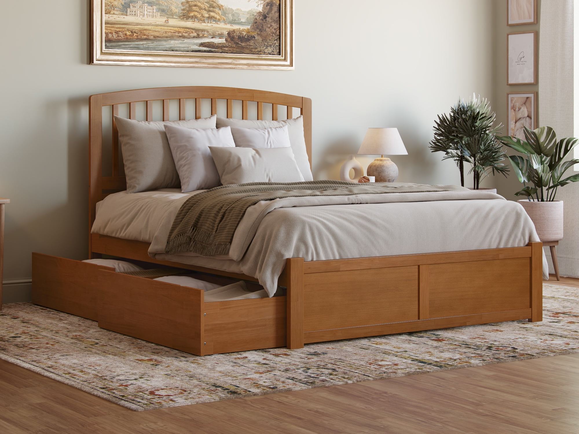 Light Toffee Queen Wood Platform Bed with Storage Drawers