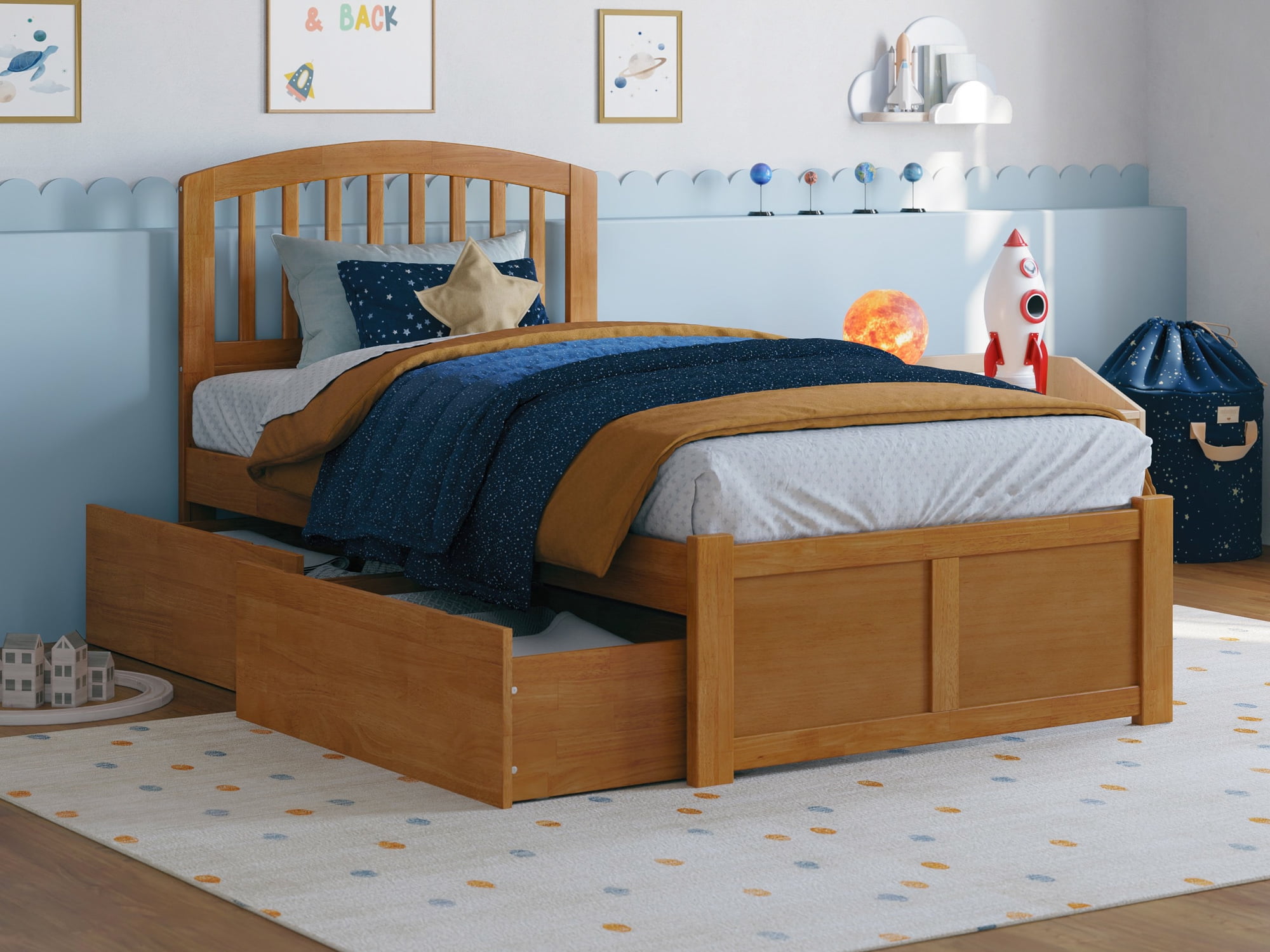 Light Toffee Twin Wood Platform Bed with Storage Drawers
