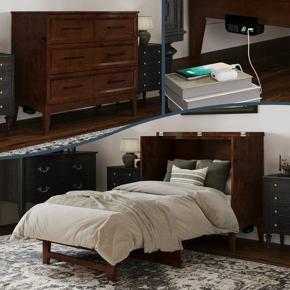 AFI Santa Fe Twin Wood Murphy Bed Chest with Mattress and Built-in Charger, Walnut