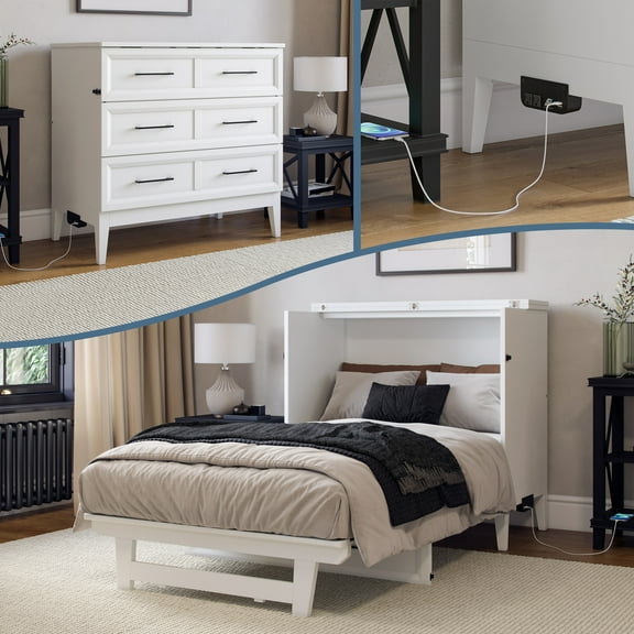 AFI Santa Fe Twin Wood Murphy Bed Chest with 6" Mattress and Charger, White