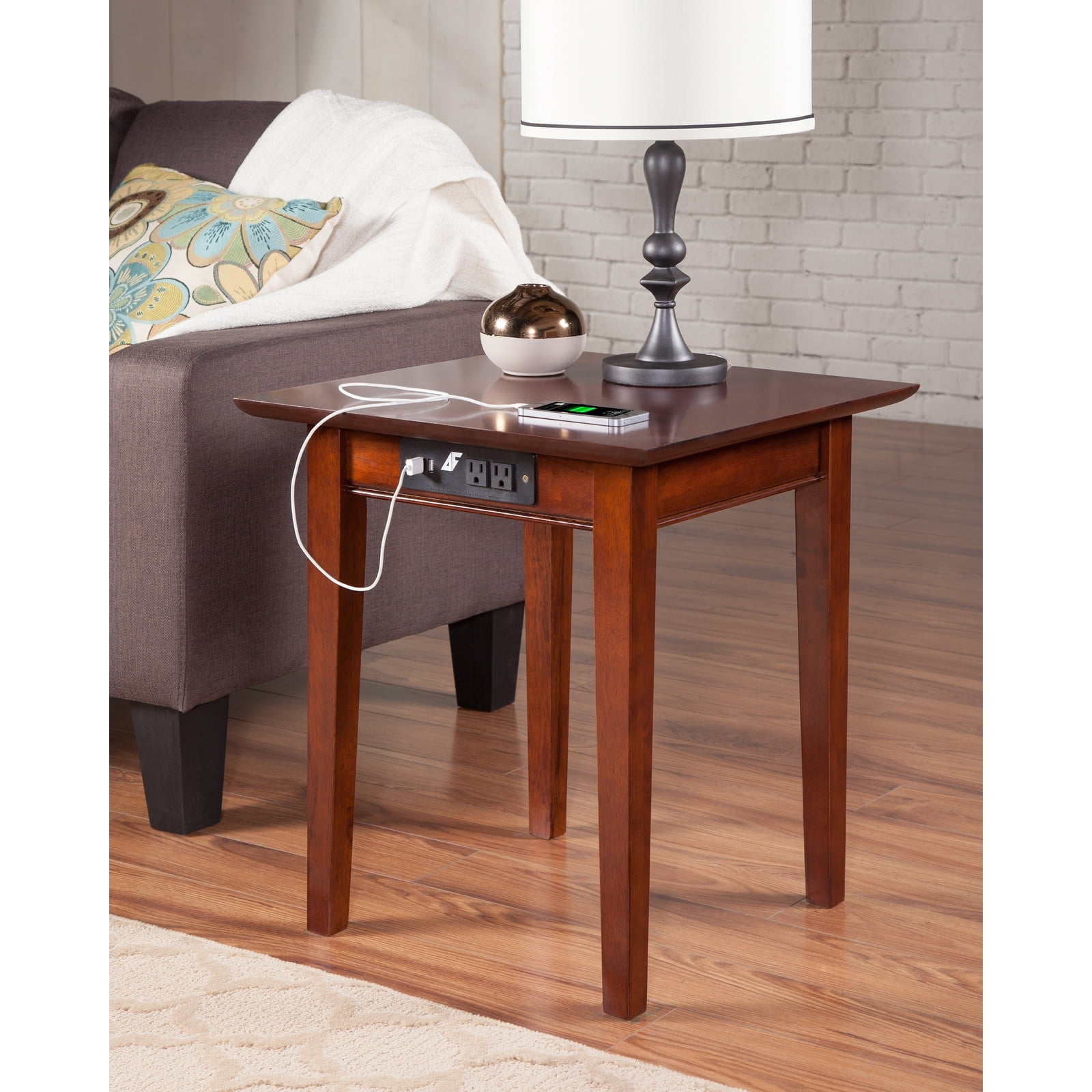 Walnut Wood Square End Table with USB Charging Ports
