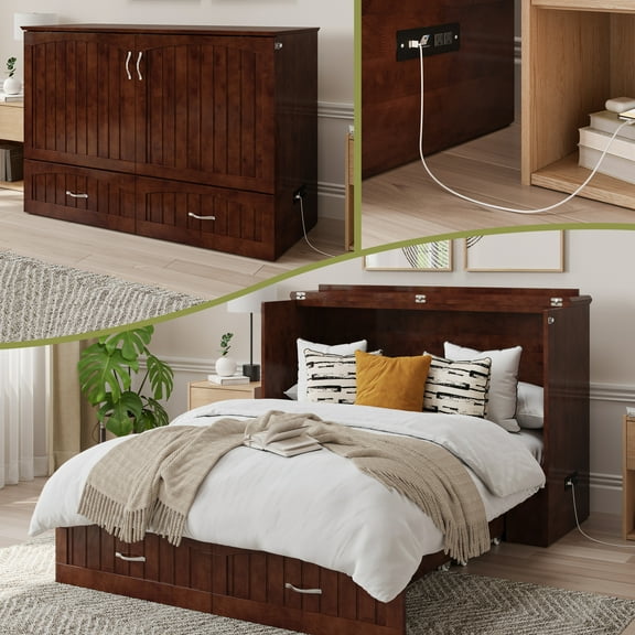 AFI Southampton Full Wood Murphy Bed Chest with Mattress, Drawer & Charger in Walnut