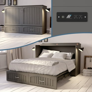 AFI Southampton Queen Solid Wood Murphy Bed Chest with Mattress, Drawer & Charger in Gray