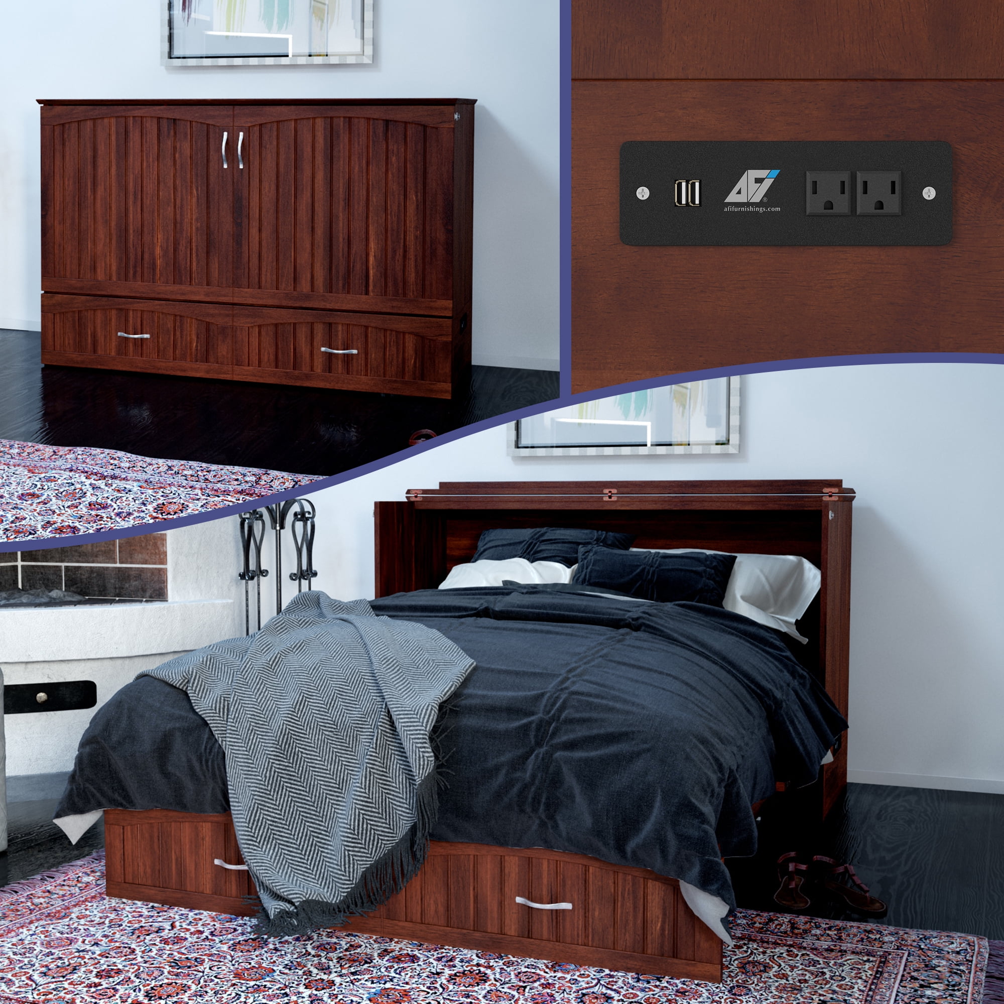 AFI Southampton Queen Wood Murphy Bed Chest with Mattress, Drawer & Charger in Walnut