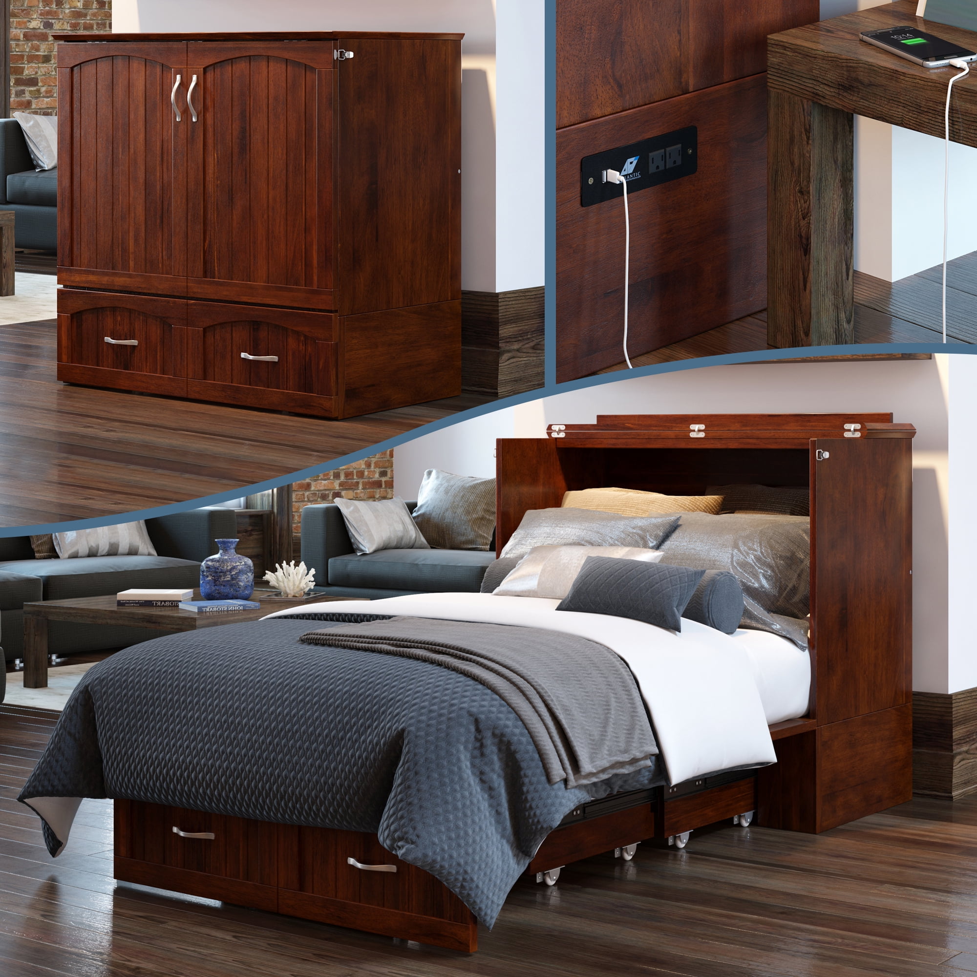 Afi Southampton Twin XL Wood Murphy Bed Chest with Mattress Drawer Charger Walnut Adult Brown