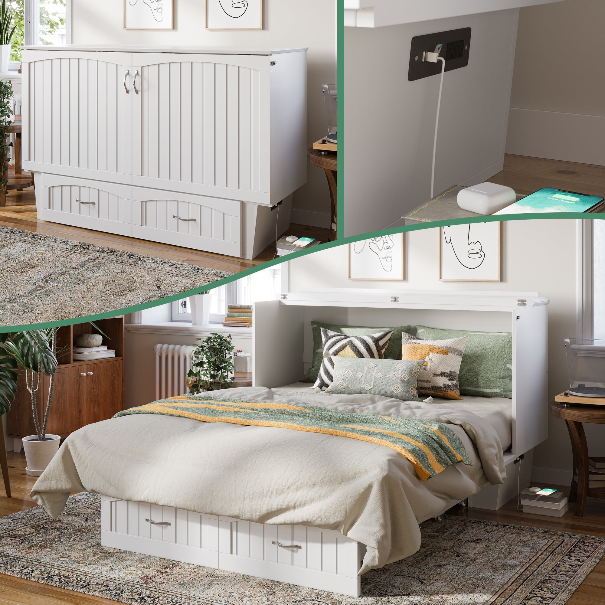 AFI Sydney Queen Murphy Bed Chest with 6" Mattress, Storage, & Built-in Charger, White