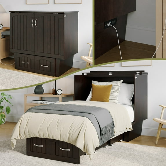 AFI Sydney Twin Murphy Bed Chest with 6" Mattress, Storage & Built-in Charging, Espresso