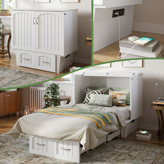 AFI Sydney Twin Murphy Bed Chest with Mattress, Storage & Built-in Charging, White