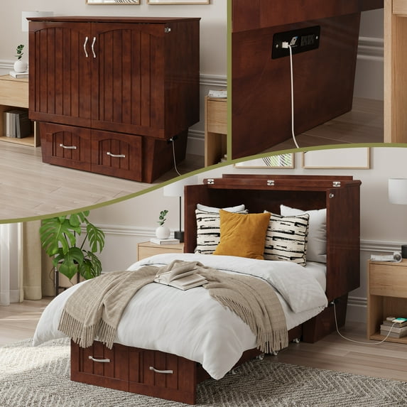 AFI Sydney Twin Murphy Bed Chest with 6" Mattress, Storage, & Built-in Charger, Walnut