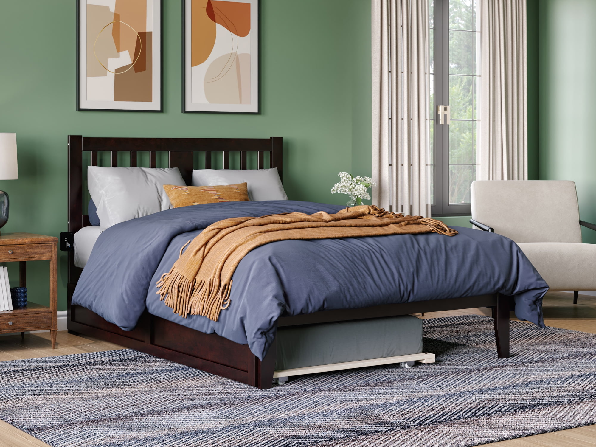 AFI Tahoe Full Bed With USB Charger & Twin Trundle, Grey, Solid Hardwood