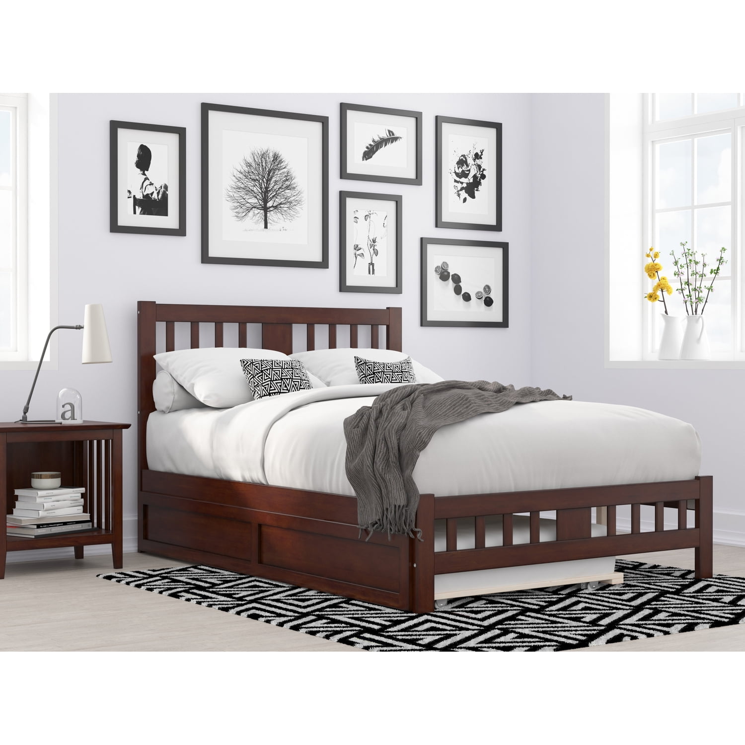 Walnut Full Size Mission Wood Platform Bed with Trundle