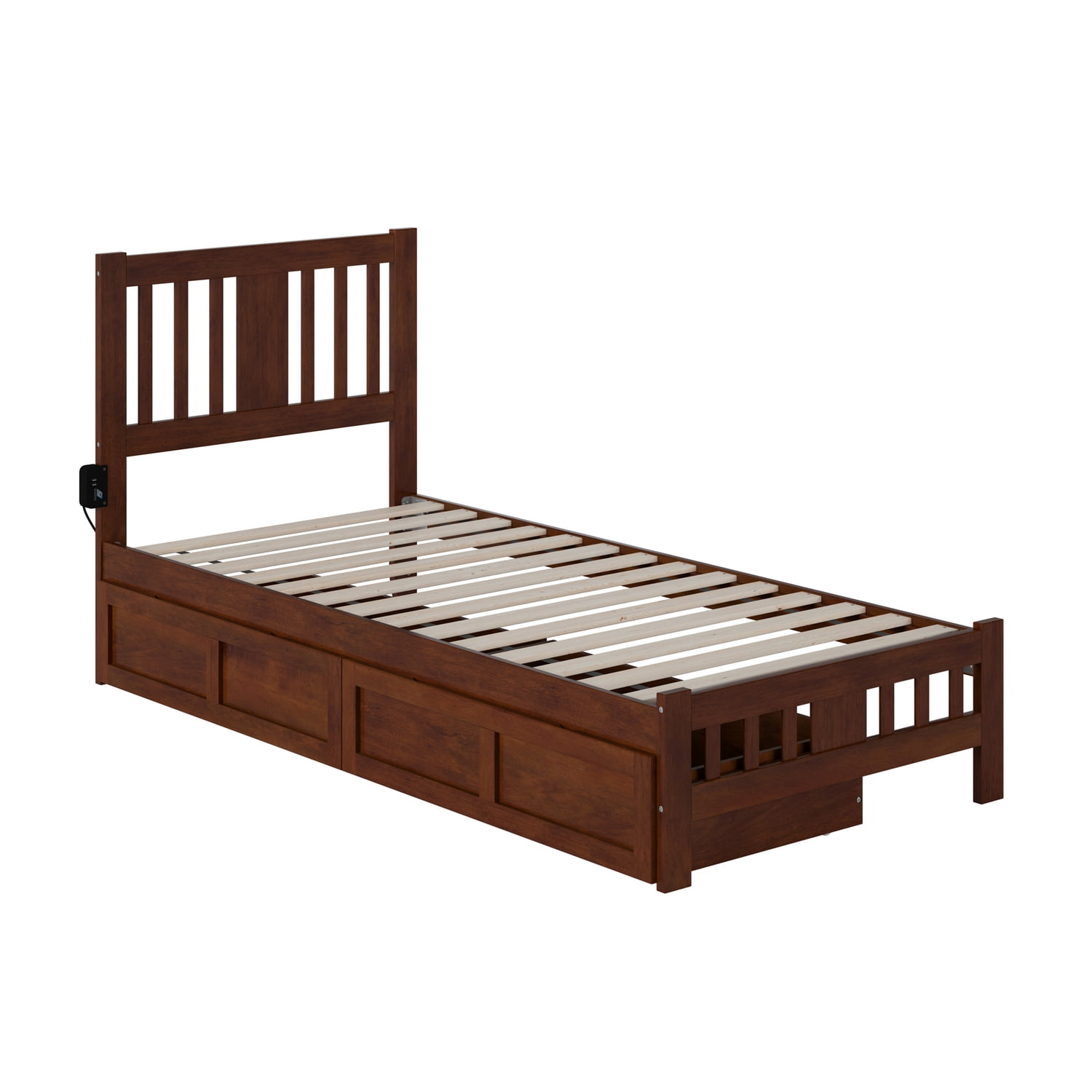 Walnut Wood Twin XL Bed with Headboard and 2 Drawers