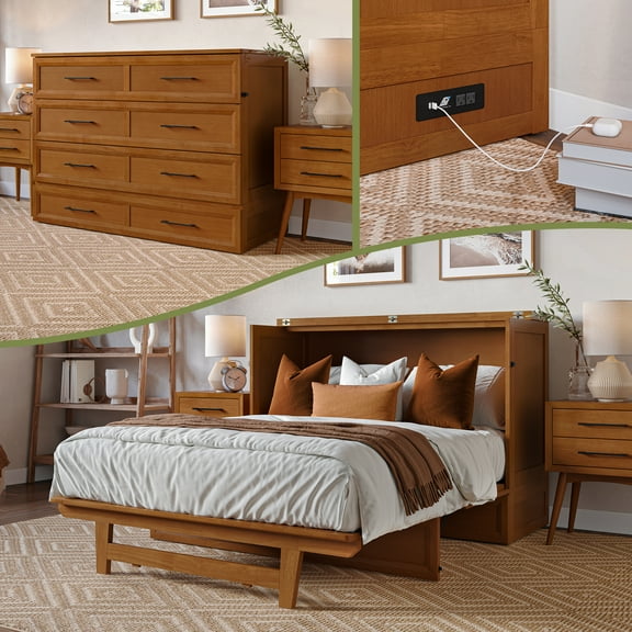 AFI Tucson Full Murphy Bed Chest with 6" Mattress, Drawer & Charger, Light Toffee