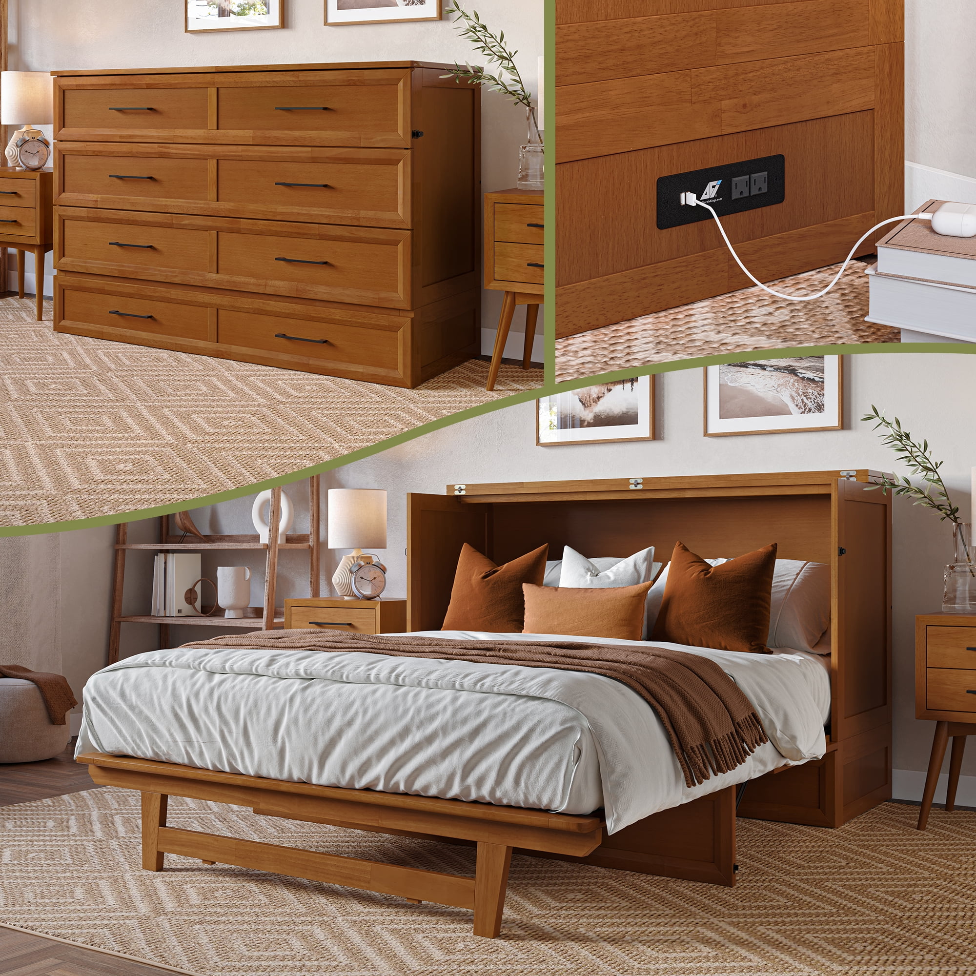 AFI Tucson Queen Murphy Bed Chest with 6" Mattress, Drawer & Charger, Light Toffee