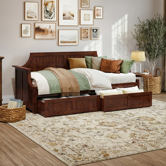 AFI Cambridge Wood Twin Size Daybed Frame with 2 Storage Drawers, Walnut