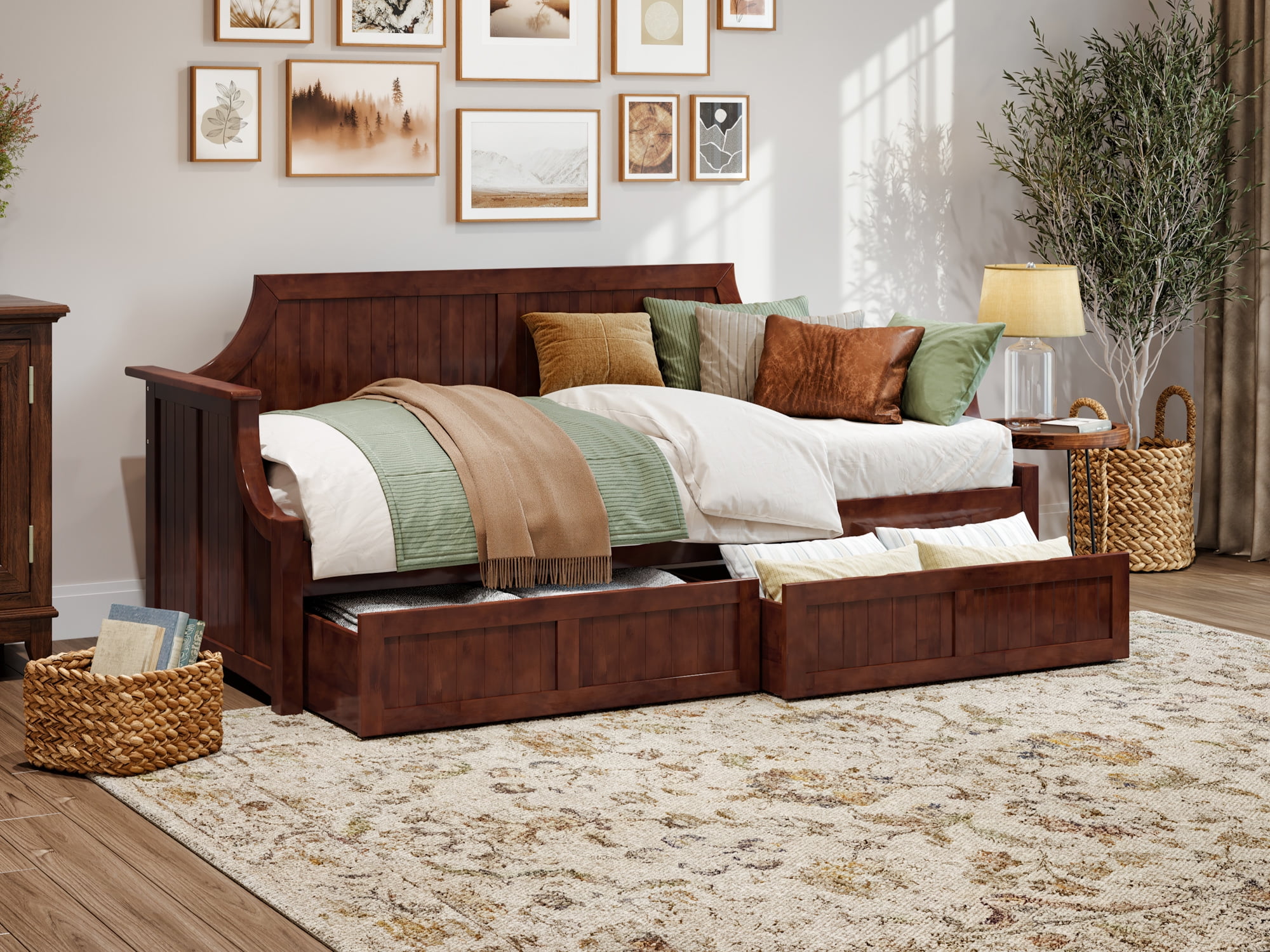 AFI Twin Daybed with 2 Storage Drawers Solid Wood Cambridge Day Bed Design, Walnut Finish