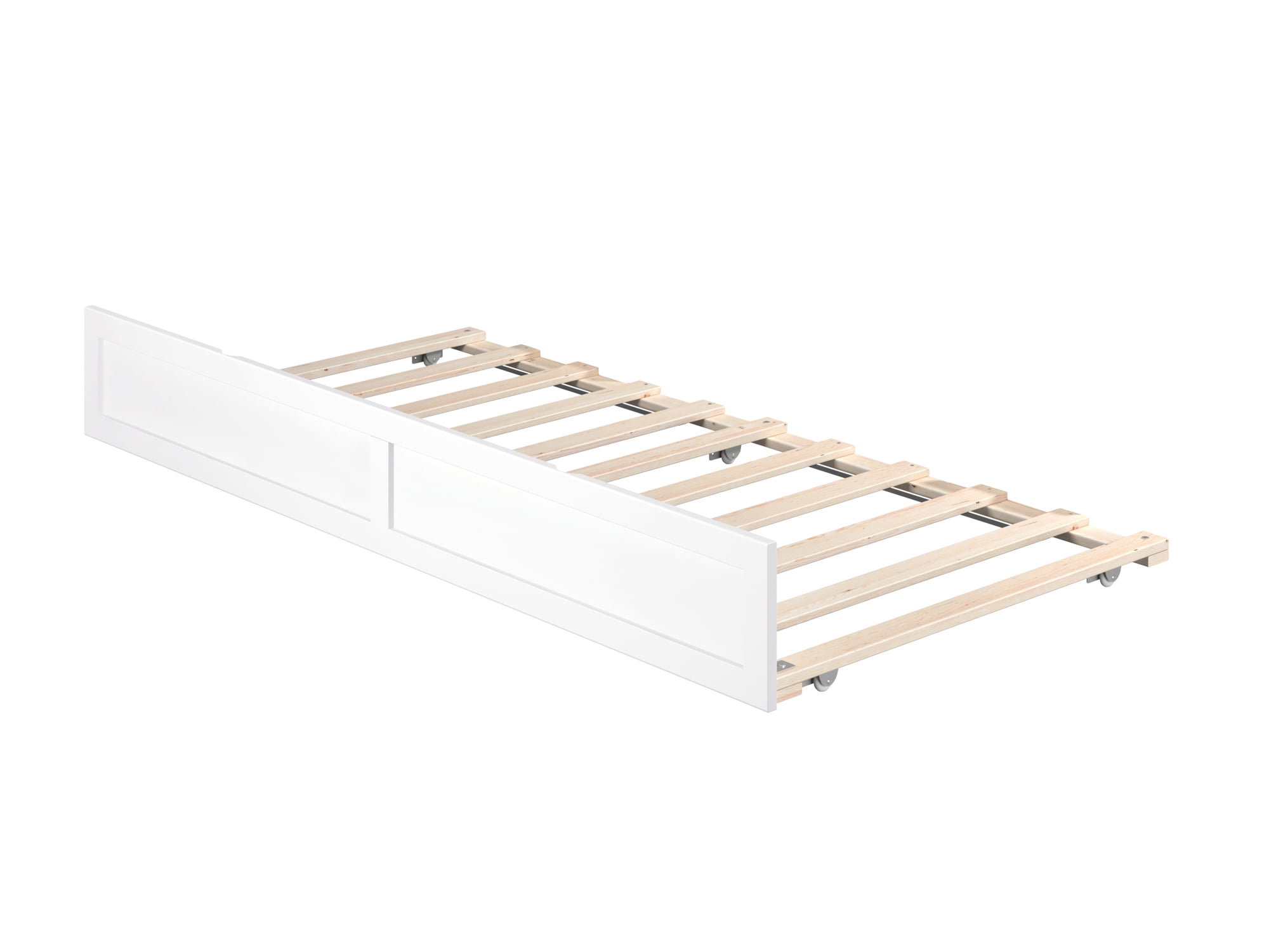White Twin Wooden Trundle Bed Frame with Slat Supports