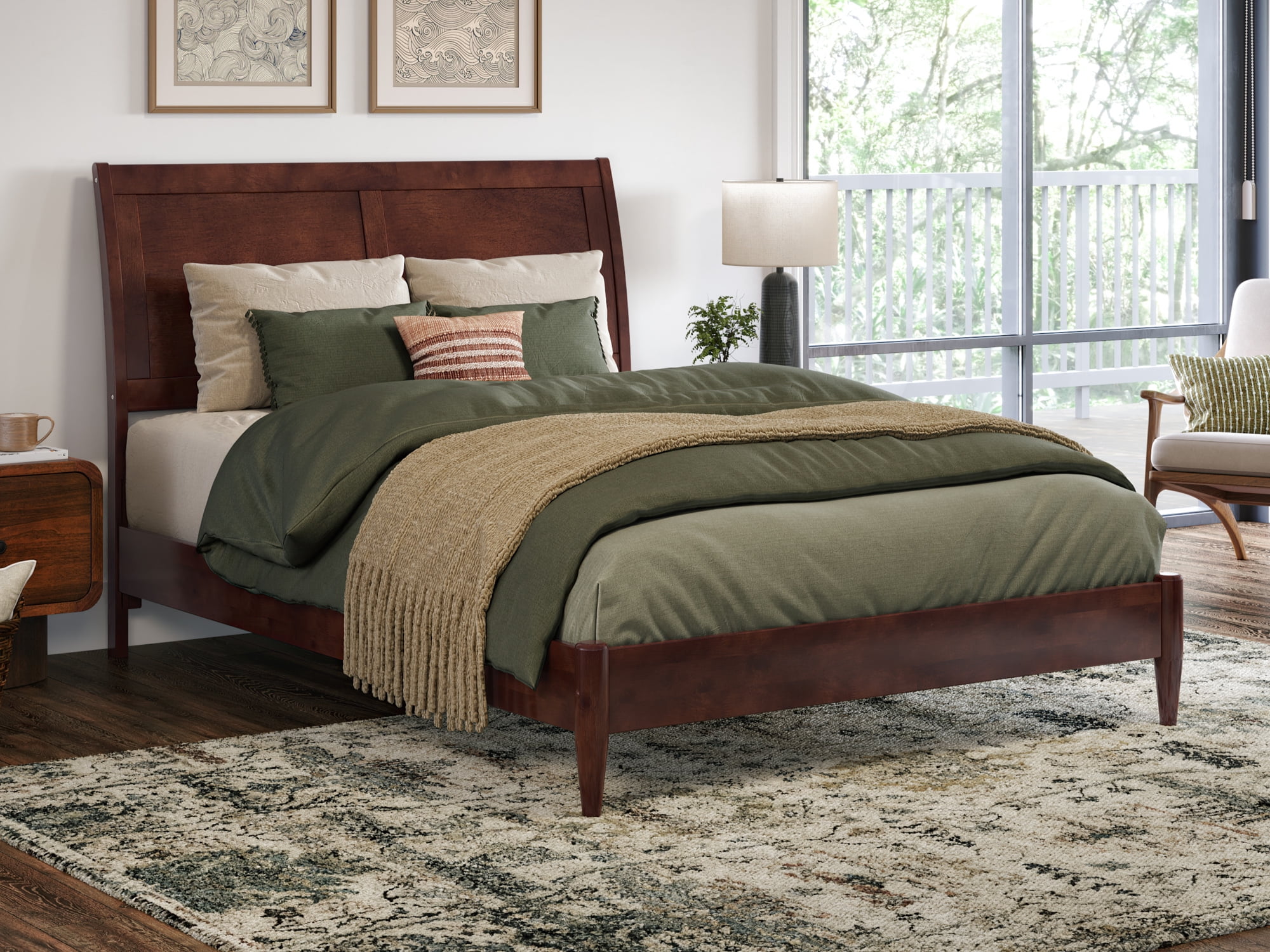 Valencia Walnut Full Sleigh Wood Platform Bed with Slats