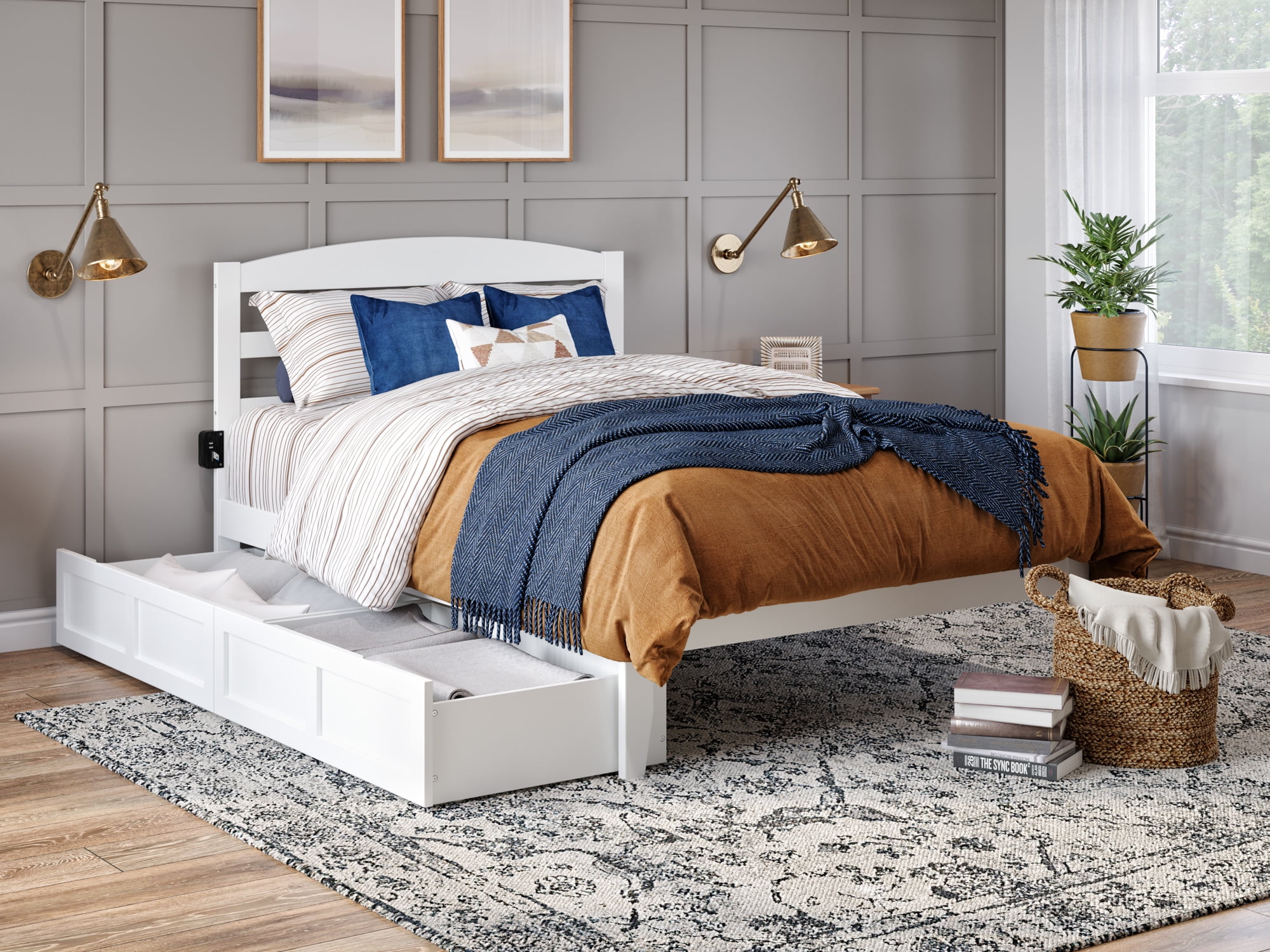 AFI Warren 14" Full Wood Platform Bed Frame with Set of 2 Storage Drawers, White