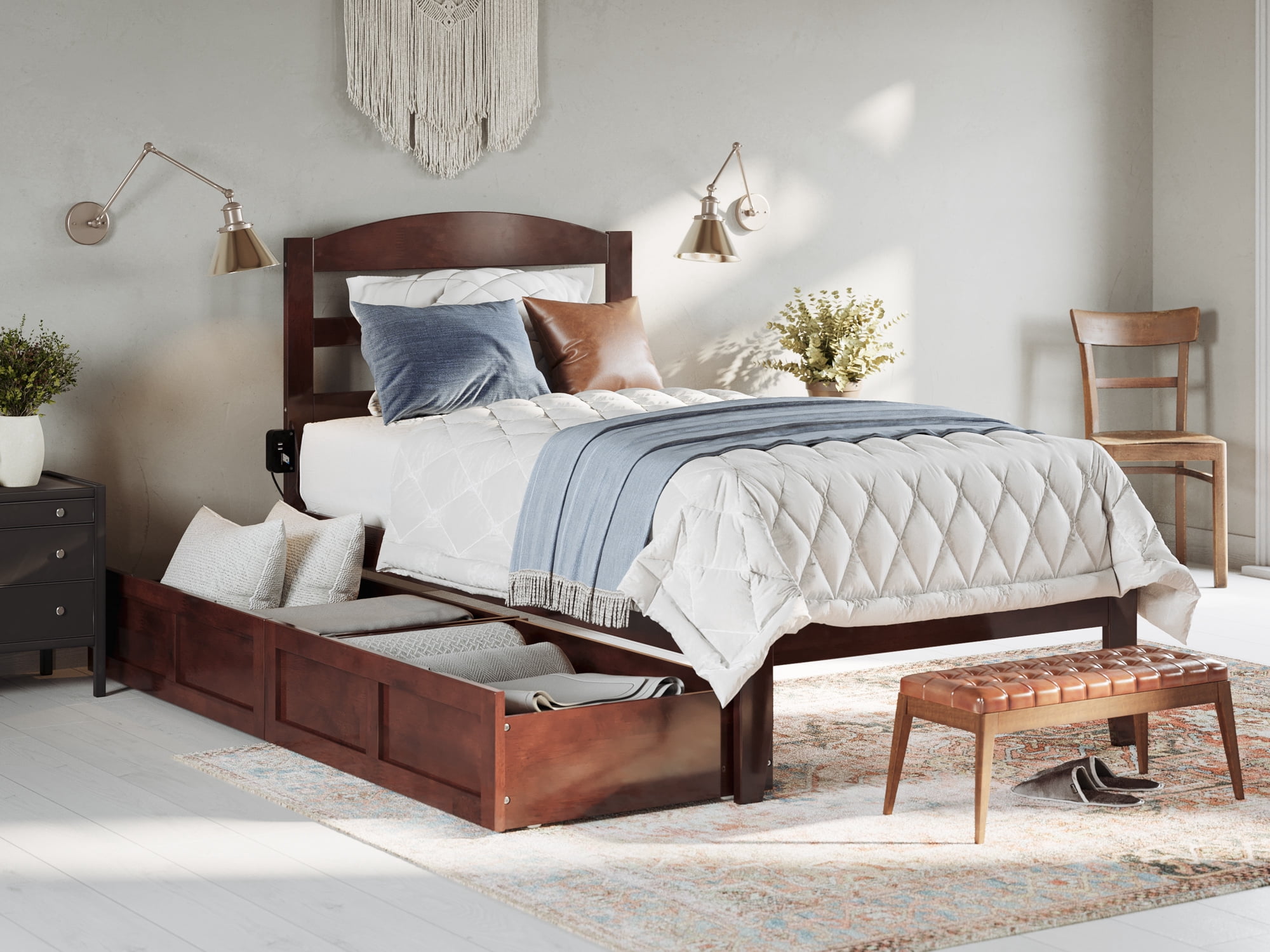 AFI Warren 14" Twin Wood Platform Bed Frame with Set of 2 Storage Drawers, Walnut
