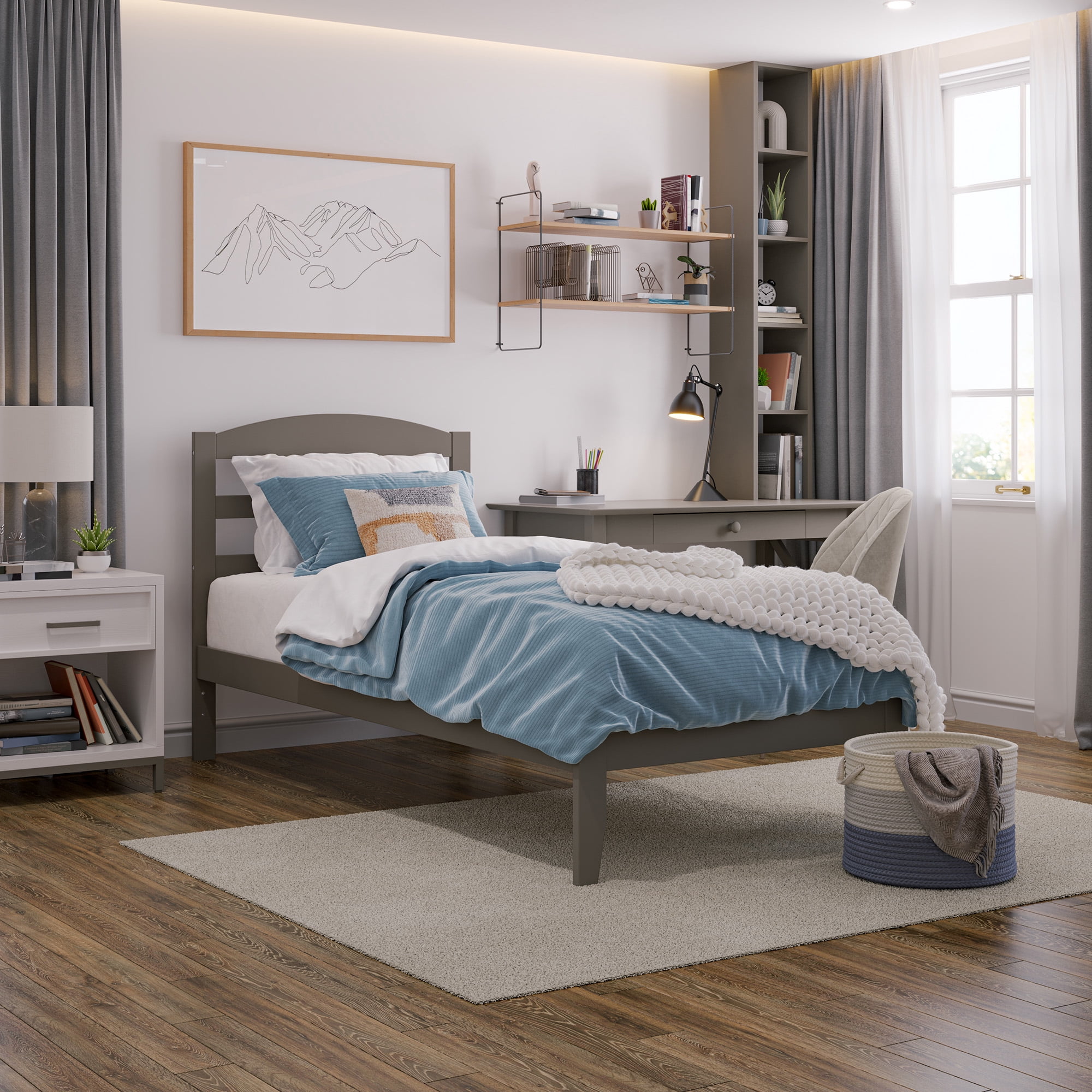 AFI Warren 14" Twin Wood Platform Bed Frame with Slatted Headboard, Grey
